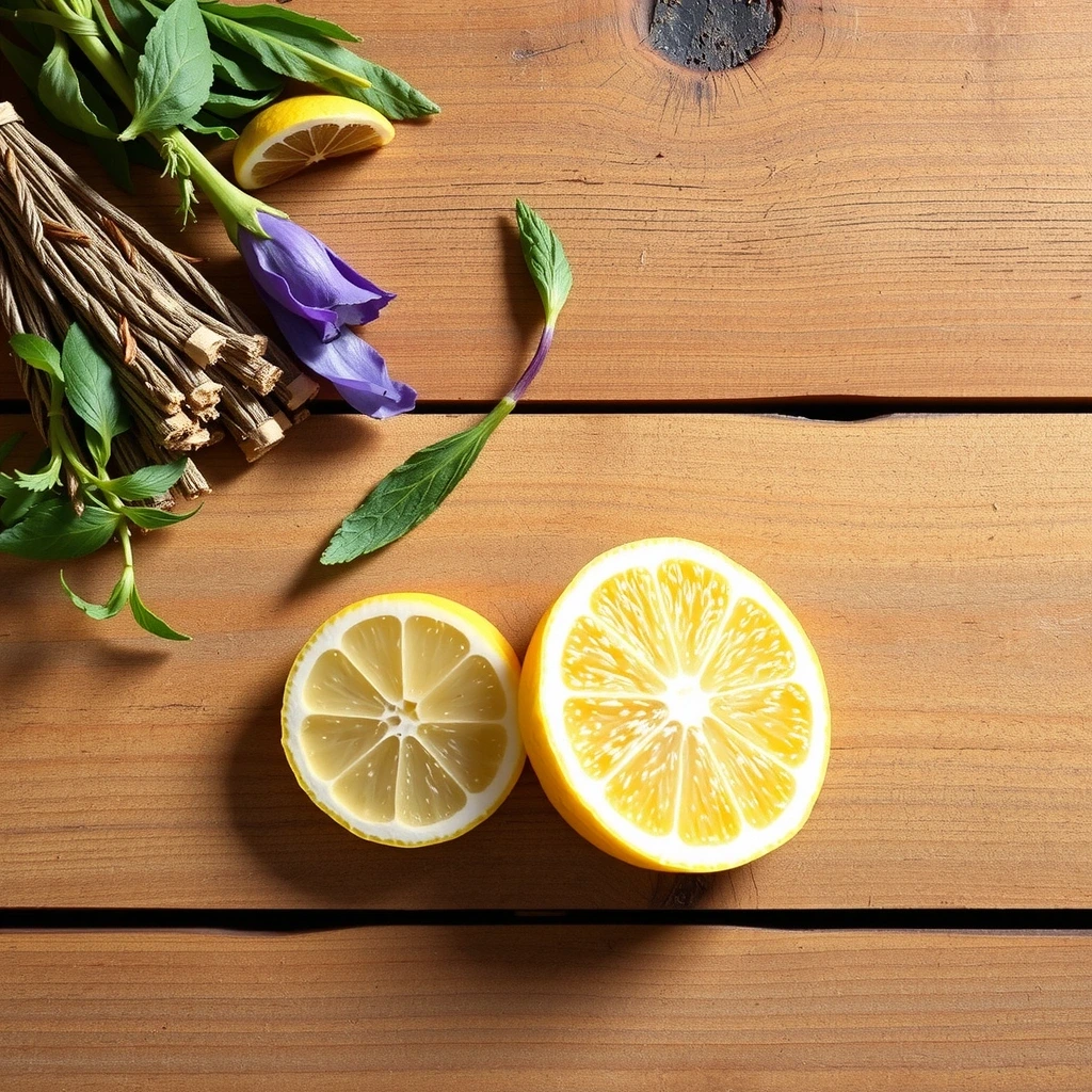 Zioła i cytrusy na drewnianym blacie