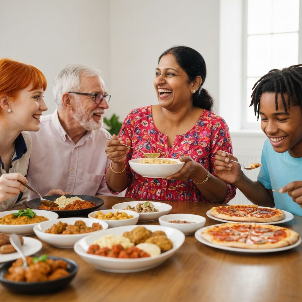 Diverse Menschen genießen gemeinsam Mahlzeiten